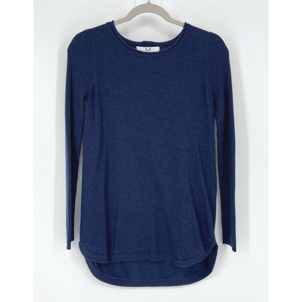 Magaschoni Cashmere Blend Crew Neck Sweater Blue Ribbed Sleeve High Low Tunic S